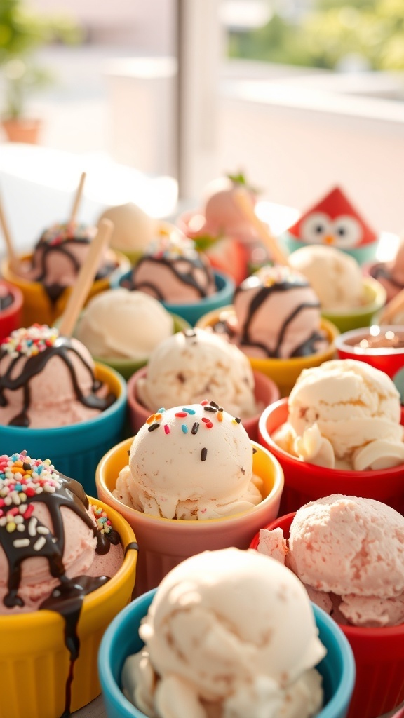 Homemade Ice Cream for a Fun Gathering Colorful bowls of homemade ice cream with toppings, ready for serving at a gathering.